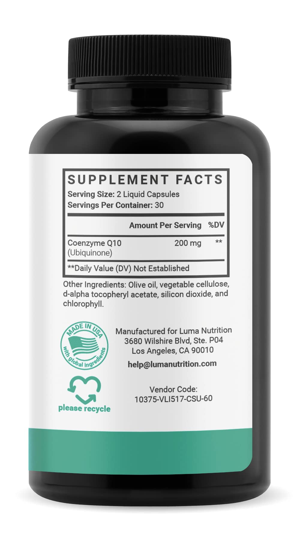 Luma Nutrition CoQ10 200mg Liquid Capsules - CoQ10 200mg Softgels - Premium Coenzyme Q10 - Co Q-10 100mg Capsule / 200mg Serving - Heart Supplement - 60 Liquid Capsules