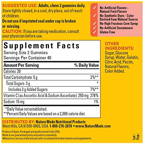 Nature Made Vitamin C 250 mg per serving, Dietary Supplement for Immune Support, 80 Gummies, 40 Day Supply