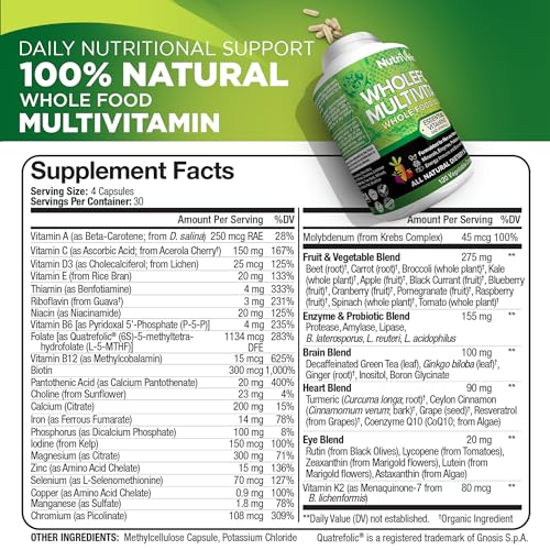 Nutrivein Whole Food Multivitamin - Complete Daily Vitamins for Men and Women from Natural Whole Foods, Real Raw Veggies, Fruits, Vitamin E, A, B Complex - 30 Day Supply (120 Capsules, Four Daily)