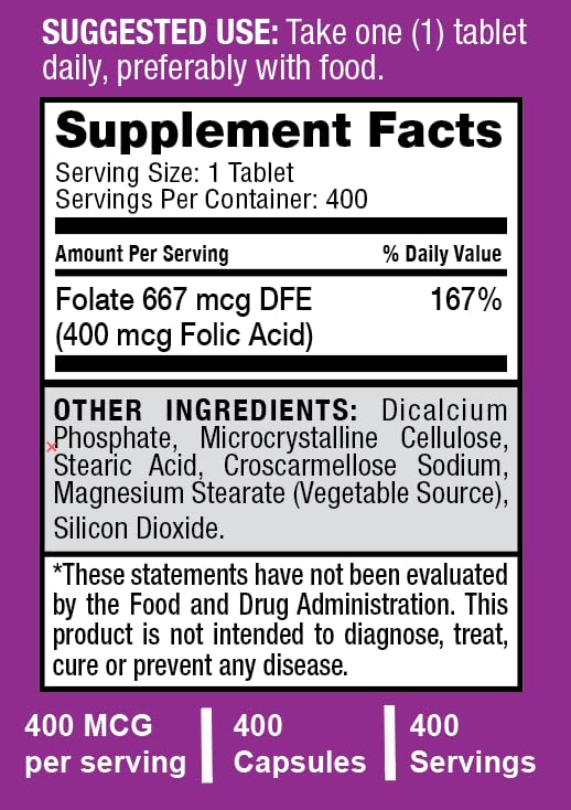 Safrel Folic Acid 400 mcg - Vitamin B9-400 Tablets, Essential Prenatal and Postnatal Vitamin for Fetal Development, Red Blood Cell Production, Cell and Neural Development | Non-GMO, Vegan