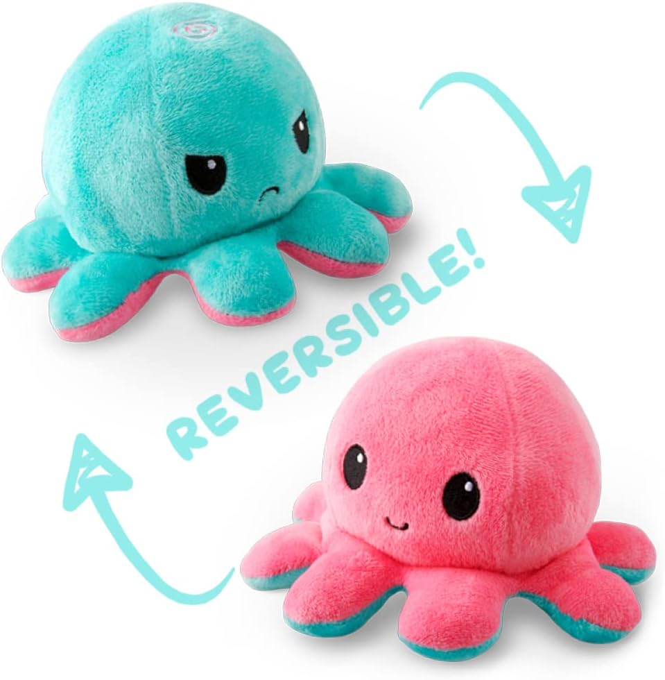 TeeTurtle - The Original Reversible Octopus Plushie - Pink + Aqua - Cute Sensory Fidget Stuffed Animals That Show Your Mood