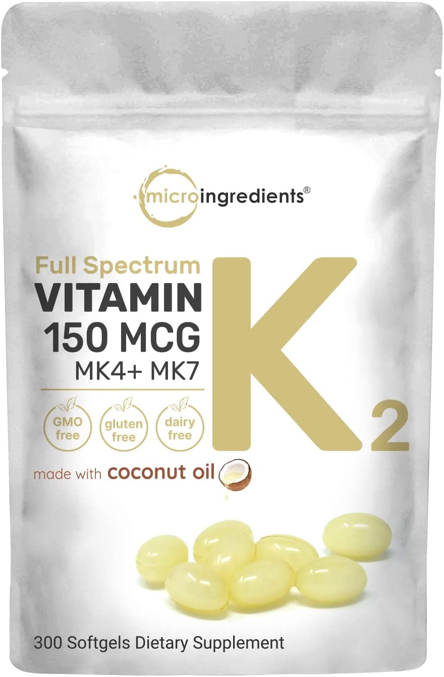 Micro Ingredients Full Spectrum Vitamin K2 MK-4 + MK-7 Supplement, 150 mcg, 300 Coconut Oil Softgles | Easily Absorbed, Active Menaquinone Complex | Immune, Joint, & Heart Support | Non-GMO