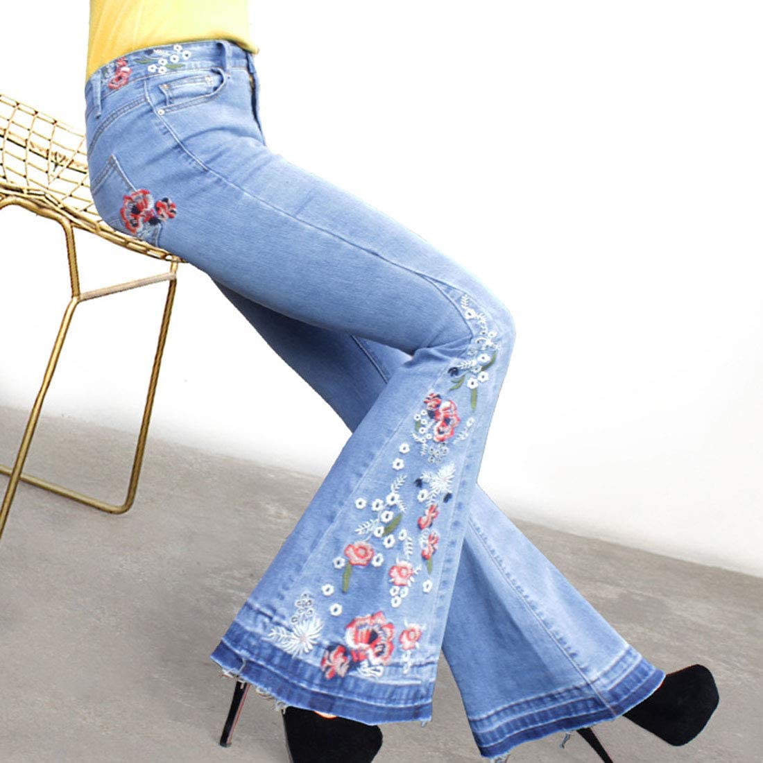 Womens Chic Floral Embroidered High-Rise Bell Bottom Flare Jeans Broad, Denim