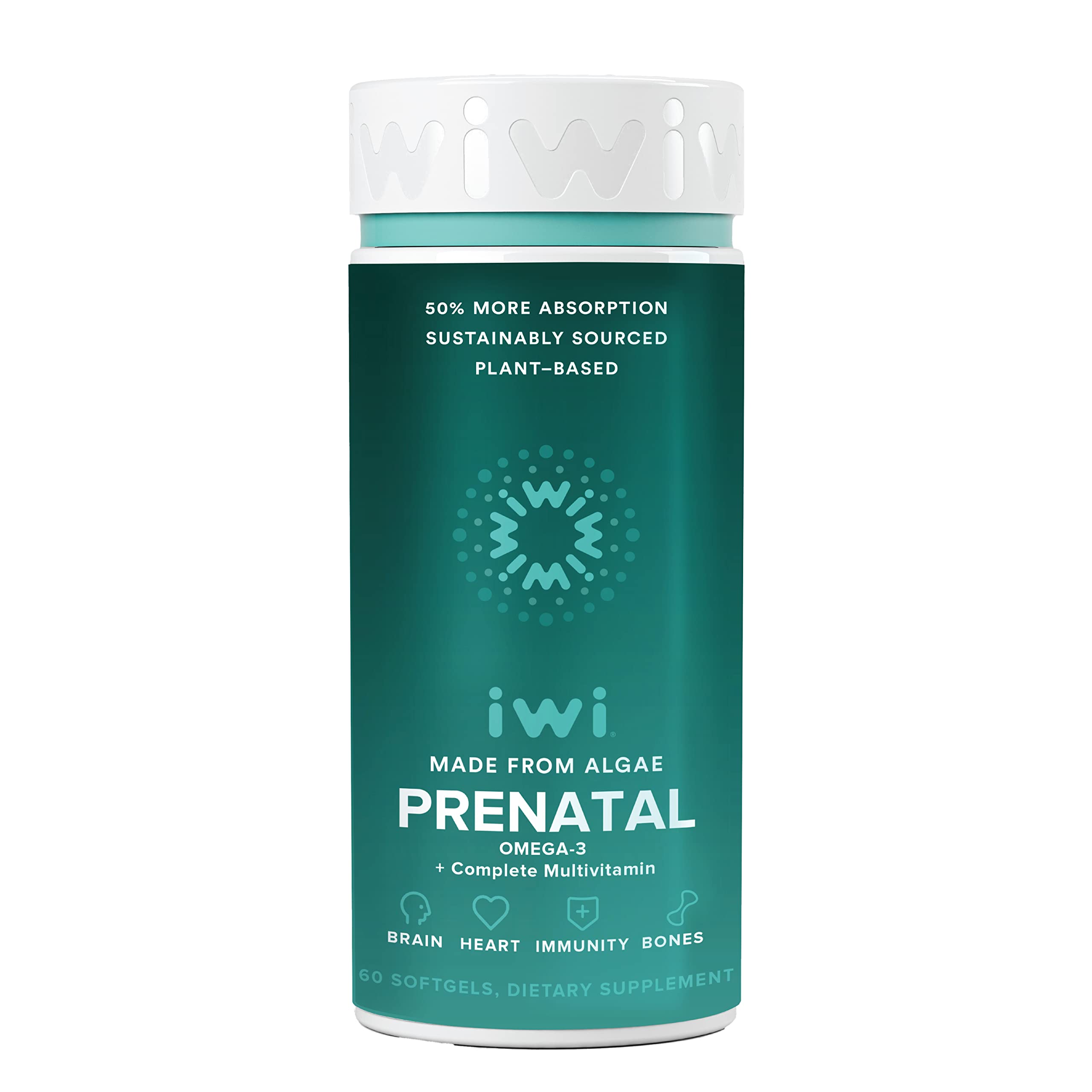 Iwi Life Prenatal Multivitamin, 60 Softgels (30 Servings), Vegan, Plant-Based Algae Omega 3 with EPA + DHA, Folate, Iron, Vitamin A, B12, C, D3, Calcium, Pregnancy Dietary Supplement for Mom & Baby