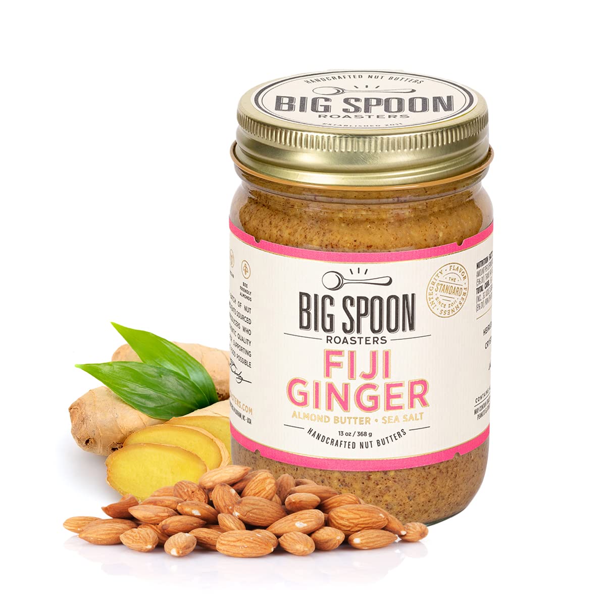 Big Spoon Roasters Fiji Ginger Almond Butter w/Sea Salt - Keto Friendly, Low Sugar Almond Butter - Crunchy Almond Butter With Bee-Friendly Almonds - Gourmet, Pure, Vegan Almond Nut Butter - 13 Ounces