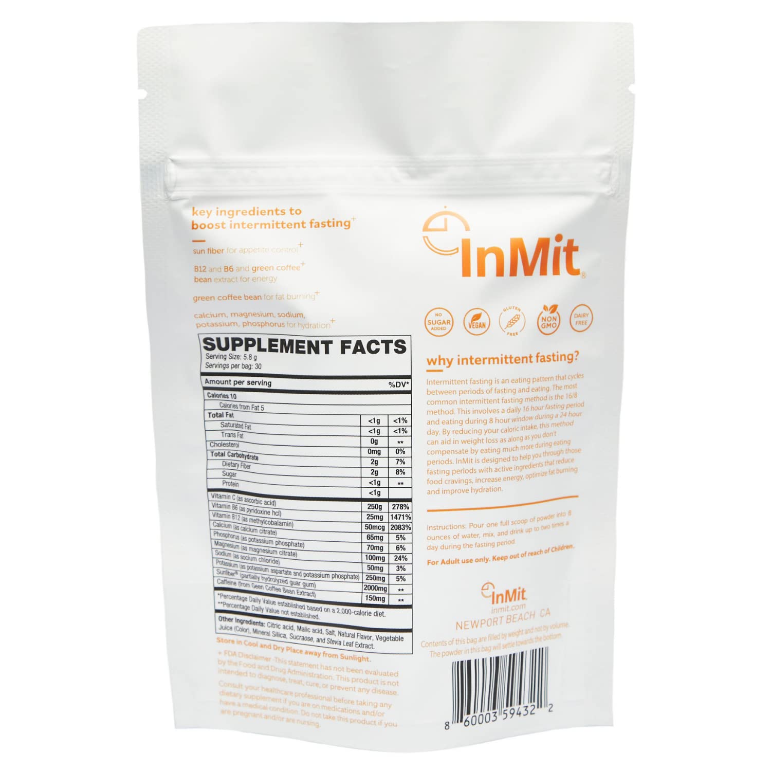 InMit Daytime Intermittent Fasting Support Drink That Provides Nourishment with 9 Essential Ingredients Electrolytes | Vegan-Friendly, Gluten-Free, Non-GMO, Dairy-Free | Orange Citrus