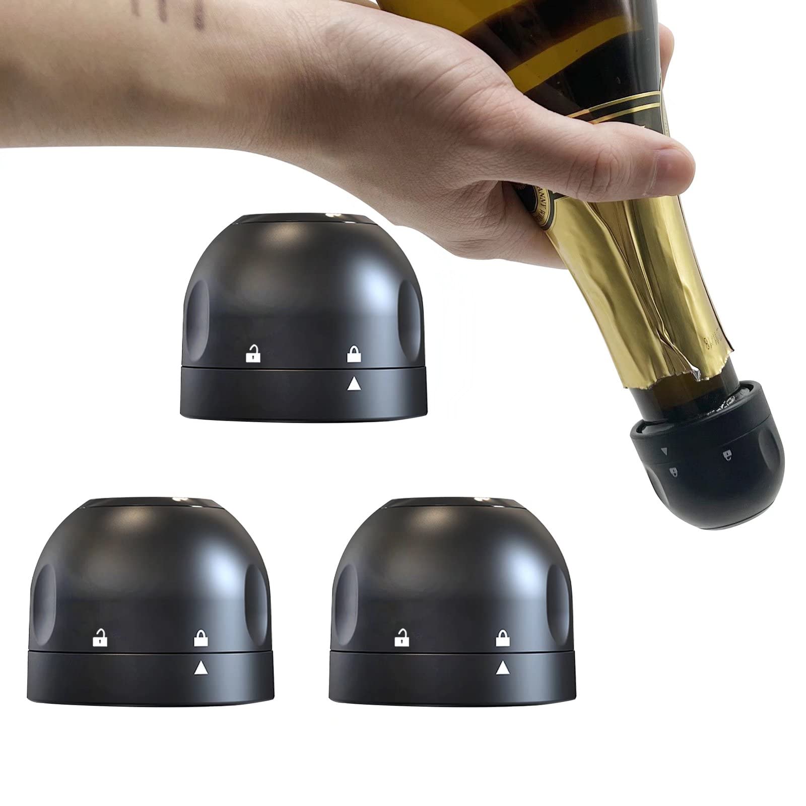 Champagne Stopper 3Pack Black, Leakproof Champagne Stoppers, Professional Champagne Saver Bottle Stopper, Keep Champagne Fresh Perfect for Champagne, Cava, Prosecco & Sparkling Wine