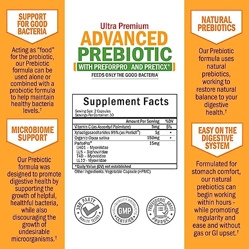 Prebiotics for Advanced Gut Health - Immune System Support & Dietary Fiber - Fuels Good Bacteria Growth to Promote Digestive Health - Gas & Digestion Support - Probiotics for Men & Women - 60 Capsules