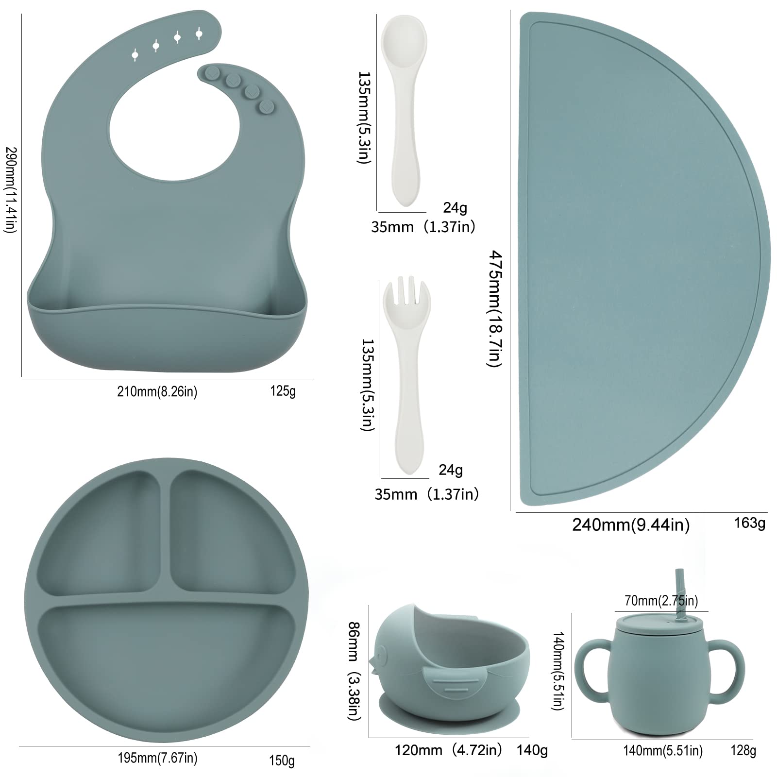 Silicone Baby Feeding Set, Baby Led Weaning Supplies, Divided Baby Plates Bowls with Sucntion, Adjustable Bibs Soft Spoon Fork Utensil, Sippy Cups, Infant Self Eating Utensil (Sage/Ether)