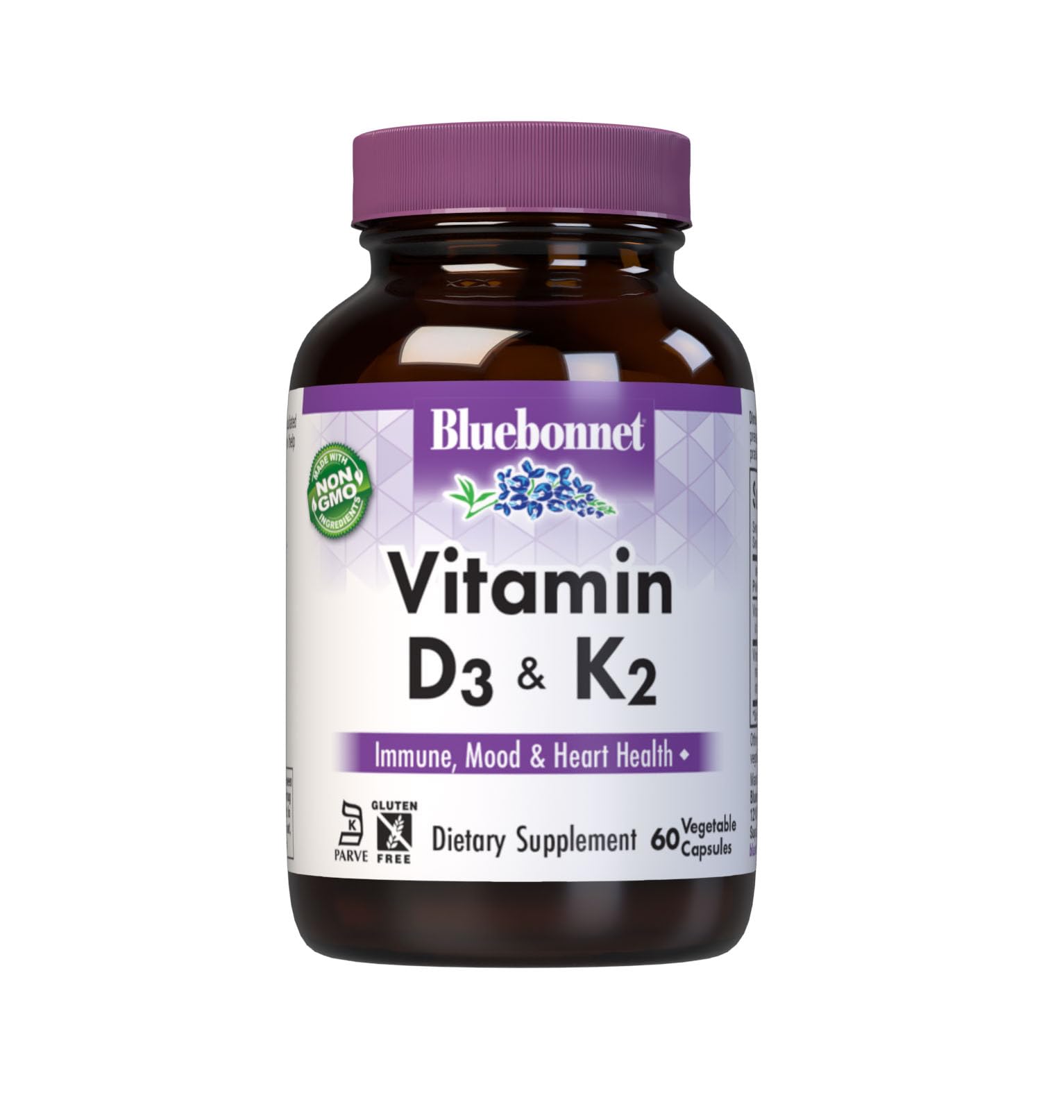 Bluebonnet Nutrition Vitamin D3 & K2, Soy-Free, for Strong-Healthy Bones*, Gluten-Free, Non-GMO, Dairy-Free, Kosher Certified, Vegetarian, 60 Vegetable Capsules, 60 Servings