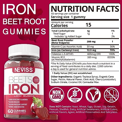 Iron Gummies, Carbonyl Iron 12.5mg with Beet Root Powder, Vitamin C, Folate, B12 Increase Iron Levels, Nitric Oxide Booster, Boost Energy, Gentle Iron Supplement for Women, Non-GMO, Vegan, 120 Counts