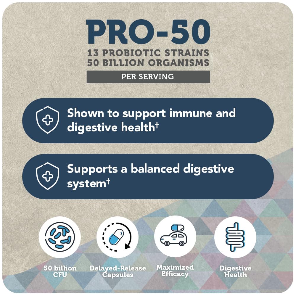 Vitamin Bounty Pro-50 Probiotics - 13 Probiotic Strains, Gut Health, Digestive Health, Probiotic for Women and Men, Delayed Release Capsule with Prebiotic Greens - 60 Capsules