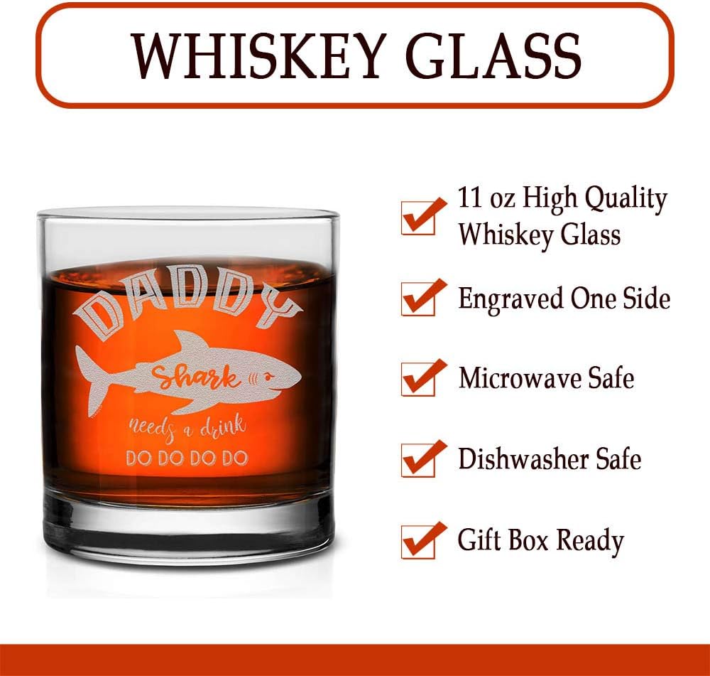 Veracco Daddy Shark Needs a Drink Whiskey Glass Funny BirthdayGifts Fathers Day For Dad (Clear, Glass)