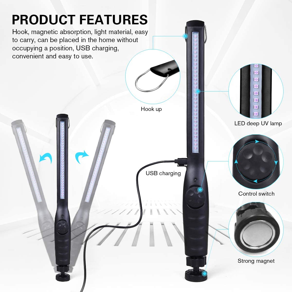 UV Light Sanitizer, Portable UV Light Disinfection Lamp USB Rechargeable Ultraviolet Light Sanitizer for Home Hotel Travel Car Kills 99% of Germs Viruses & Bacteria UV light Sanitizer Wand