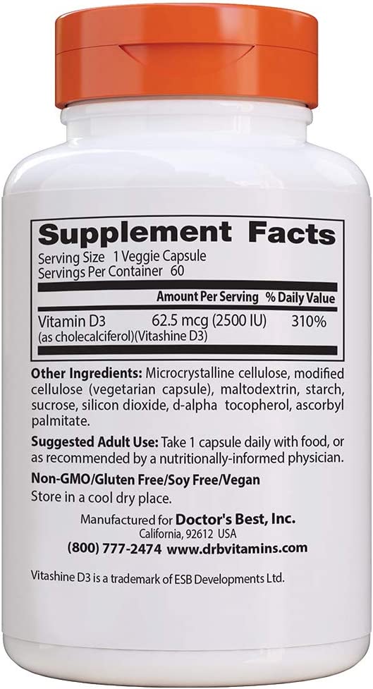 Doctor's Best Vitamin D3 2500IU with Vitashine D3, Non-GMO, Vegan, Gluten & Soy Free, Regulates Immune Function, Supports Healthy Bones, 60 Count