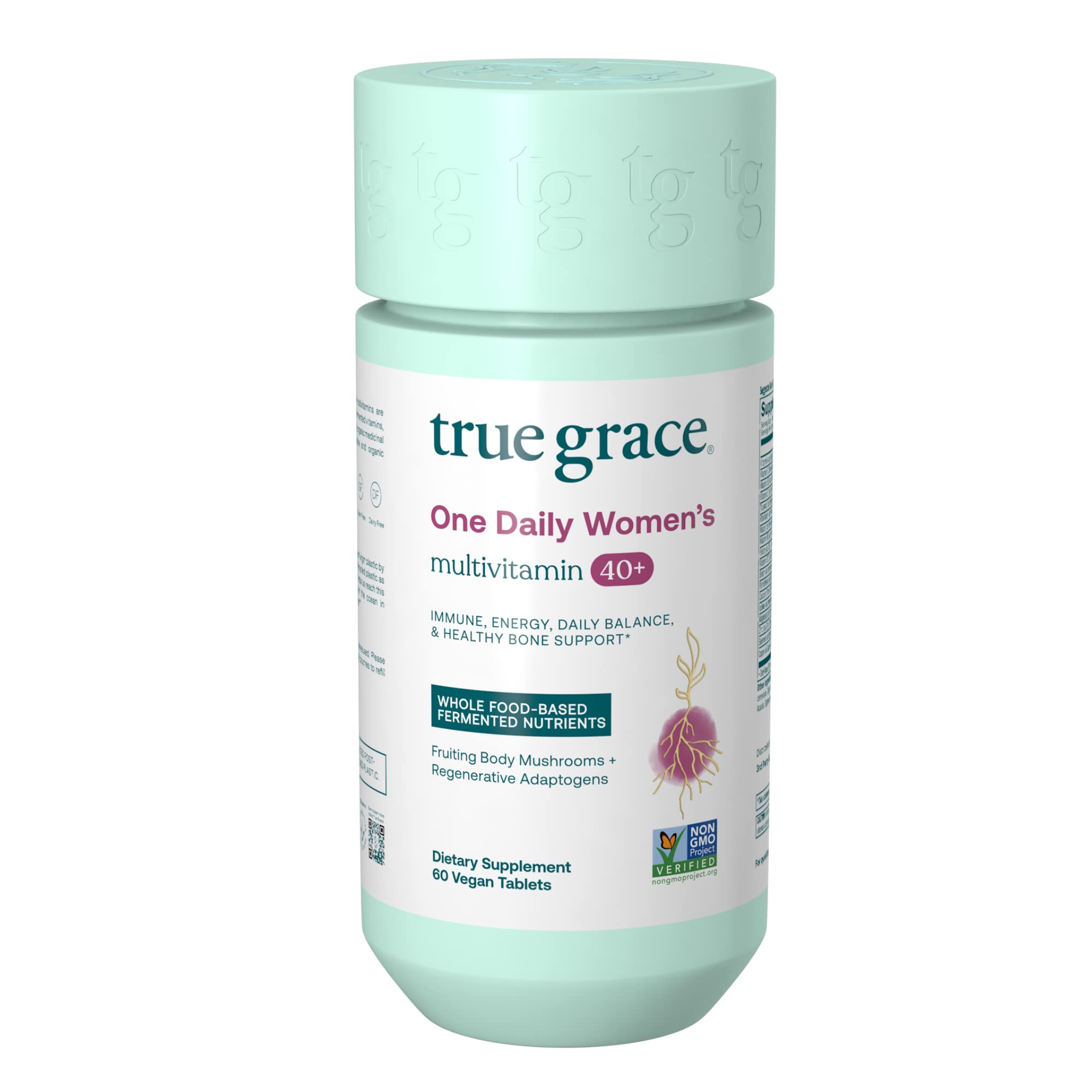 True Grace One Daily Women’s Multivitamin 40+ Fermented Minerals, Organic Adaptogens & Mushrooms - Iron Free, Non-GMO, Gluten Free, Soy Free - 60 Vegan Tablets