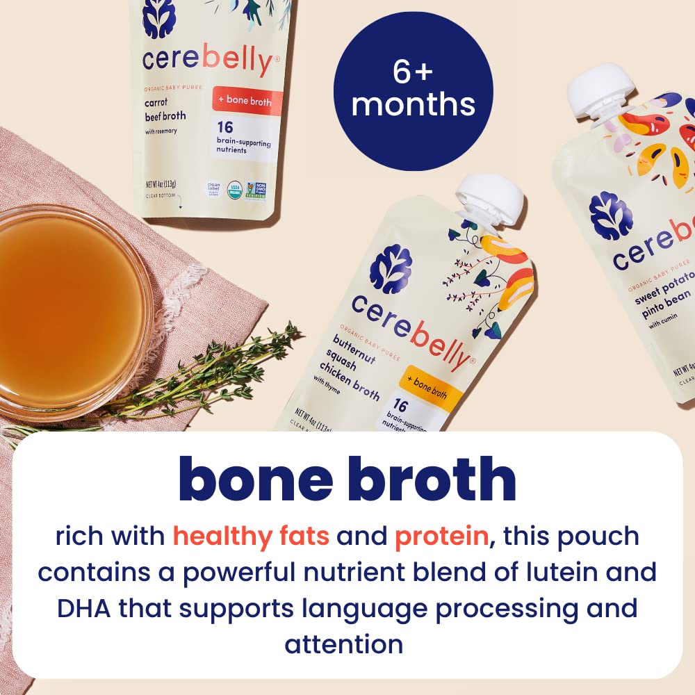 Cerebelly Organic Carrot Rosemary & Beef Bone Broth Puree | 6+ Months Stage 1 2 Baby Food Pouches | Non-GMO, Tested for Heavy Metals | Protein, Healthy Fats, 16 Nutrients | 4 Oz Pouch (6 Pack)