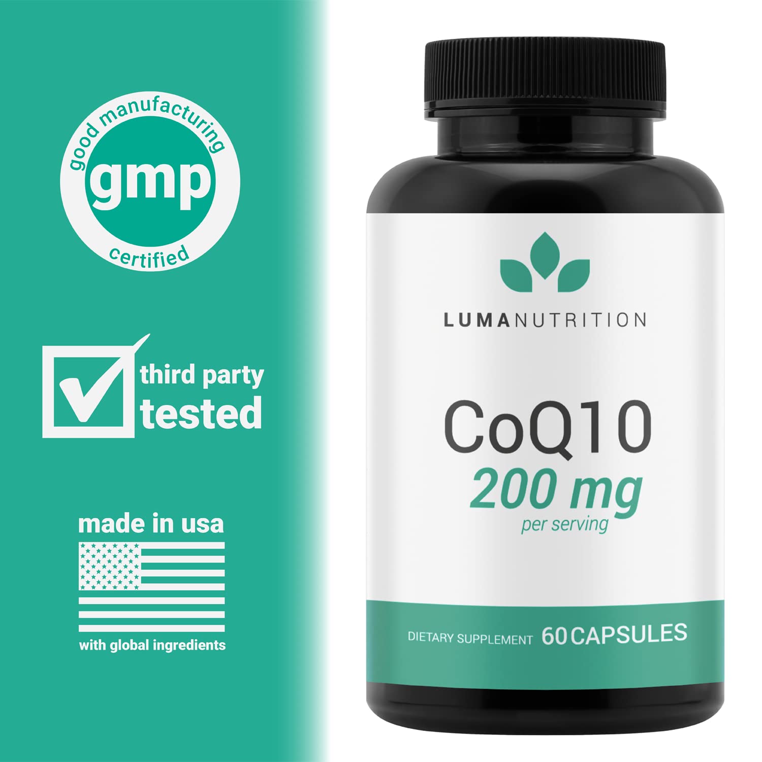 Luma Nutrition CoQ10 200mg Liquid Capsules - CoQ10 200mg Softgels - Premium Coenzyme Q10 - Co Q-10 100mg Capsule / 200mg Serving - Heart Supplement - 60 Liquid Capsules