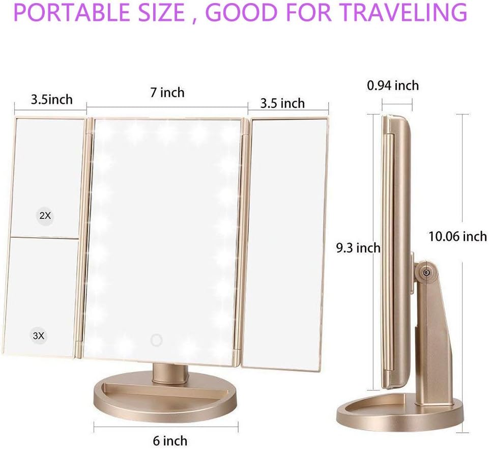 Flymiro Tri-fold Lighted Vanity Makeup Mirror with 3x/2x/1x Magnification, 21Leds Light and Touch Screen,180 Degree Free Rotation Countertop Cosmetic Mirror,Travel Makeup Mirror (Gold)