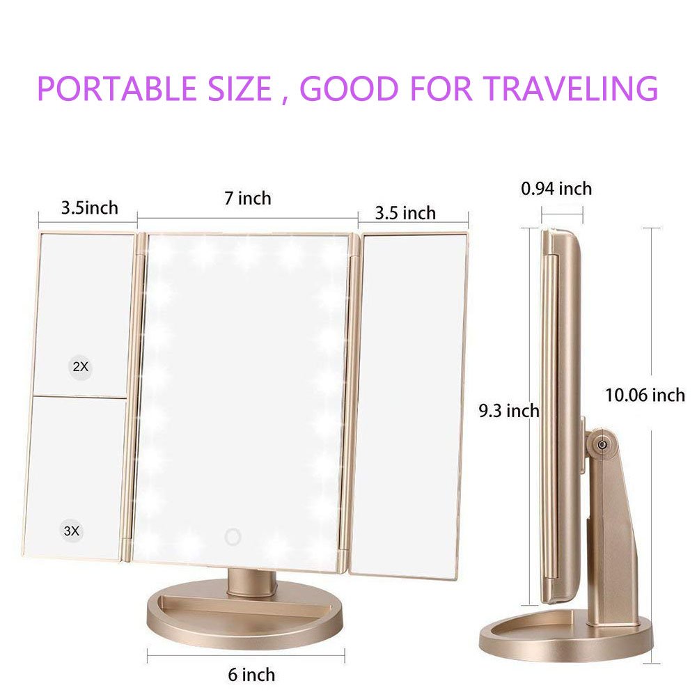 Flymiro Tri-fold Lighted Vanity Makeup Mirror with 3x/2x/1x Magnification, 21Leds Light and Touch Screen,180 Degree Free Rotation Countertop Cosmetic Mirror,Travel Makeup Mirror (Gold)