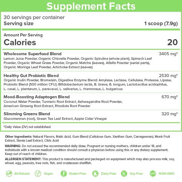 SkinnyFit Skinny Greens, Green Juice Superfood Powder, Green Apple Flavor, Natural Energy & Focus, Spirulina, Chlorella, 30 Servings