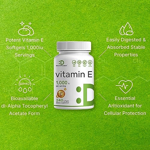 DEAL SUPPLEMENT Vitamin E Supplements, 1,000 IU Per Serving, 240 Softgels – Extra Strength Antioxidant Protection – Bioavailable Stable Form – Skin, Heart, Brain, & Immune Support – Non-GMO