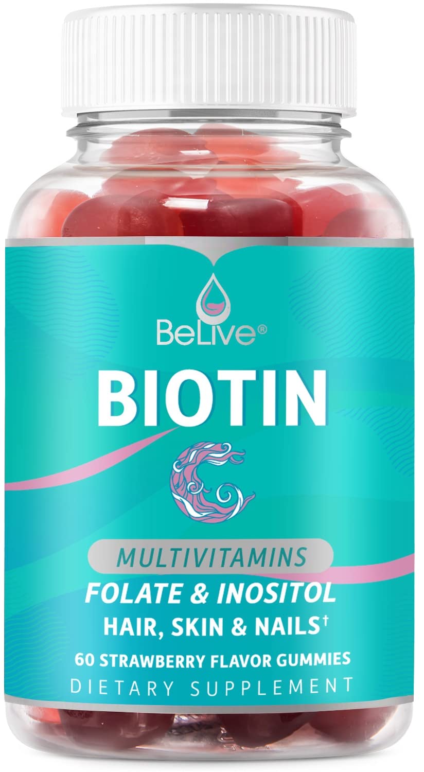 BeLive Biotin Gummies with MultiVitamins, Folate, Inositol – Supports Hair Growth, Healthy Skin & Nails – Vegan, Pectin Based – Strawberry Flavor (1)