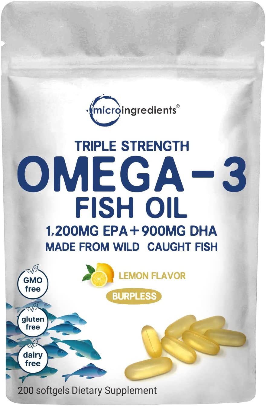 Triple Strength Omega 3 Fish Oil Supplements 3000mg, 200 Softgels - Lemon Flavored - Burpless (Enteric-Coated) | EPA 1200mg + DHA 900mg | Deep Sea Fish, Wild Caught from Norwegian Waters