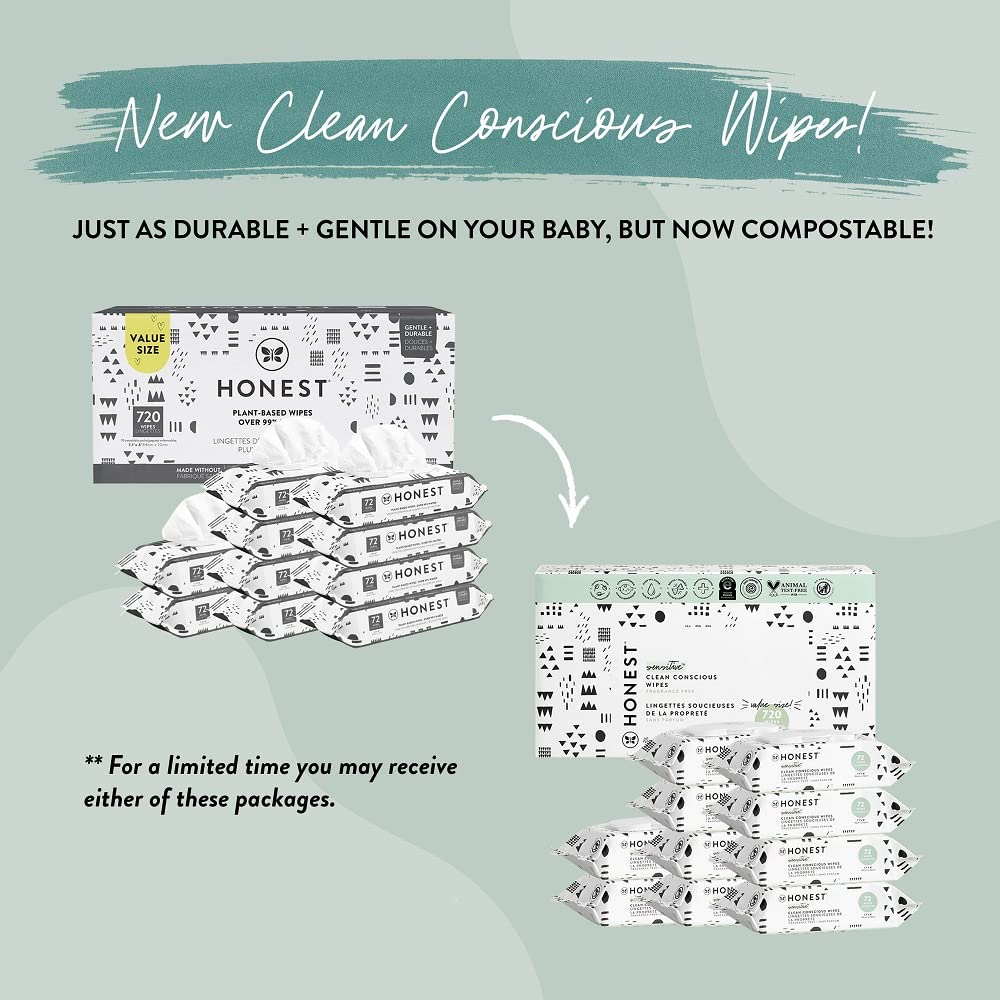 The Honest Company Clean Conscious Wipes | 99% Water, Compostable, Plant-Based, Baby Wipes | Hypoallergenic, EWG Verified | Pattern Play, 720 Count