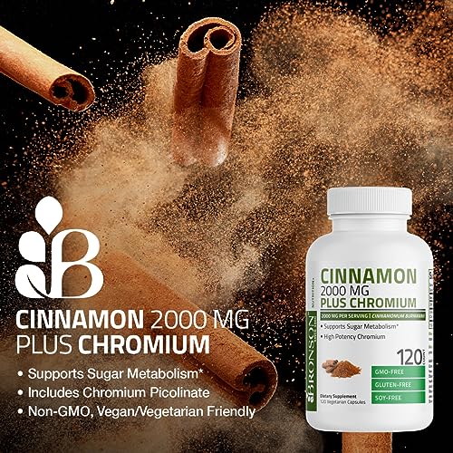 Bronson Cinnamon 2000 MG per Serving Plus Chromium Supports Sugar Metabolism, High Potency Chromium, Non-GMO, 120 Vegetarian Capsules