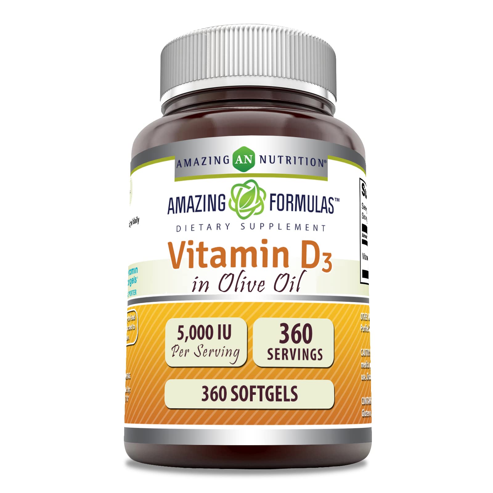 Amazing Formulas  Vitamin D3 with Olive Oil  5000 IU 360 Softgels Supplement | Non-GMO | Gluten Free | Made in USA