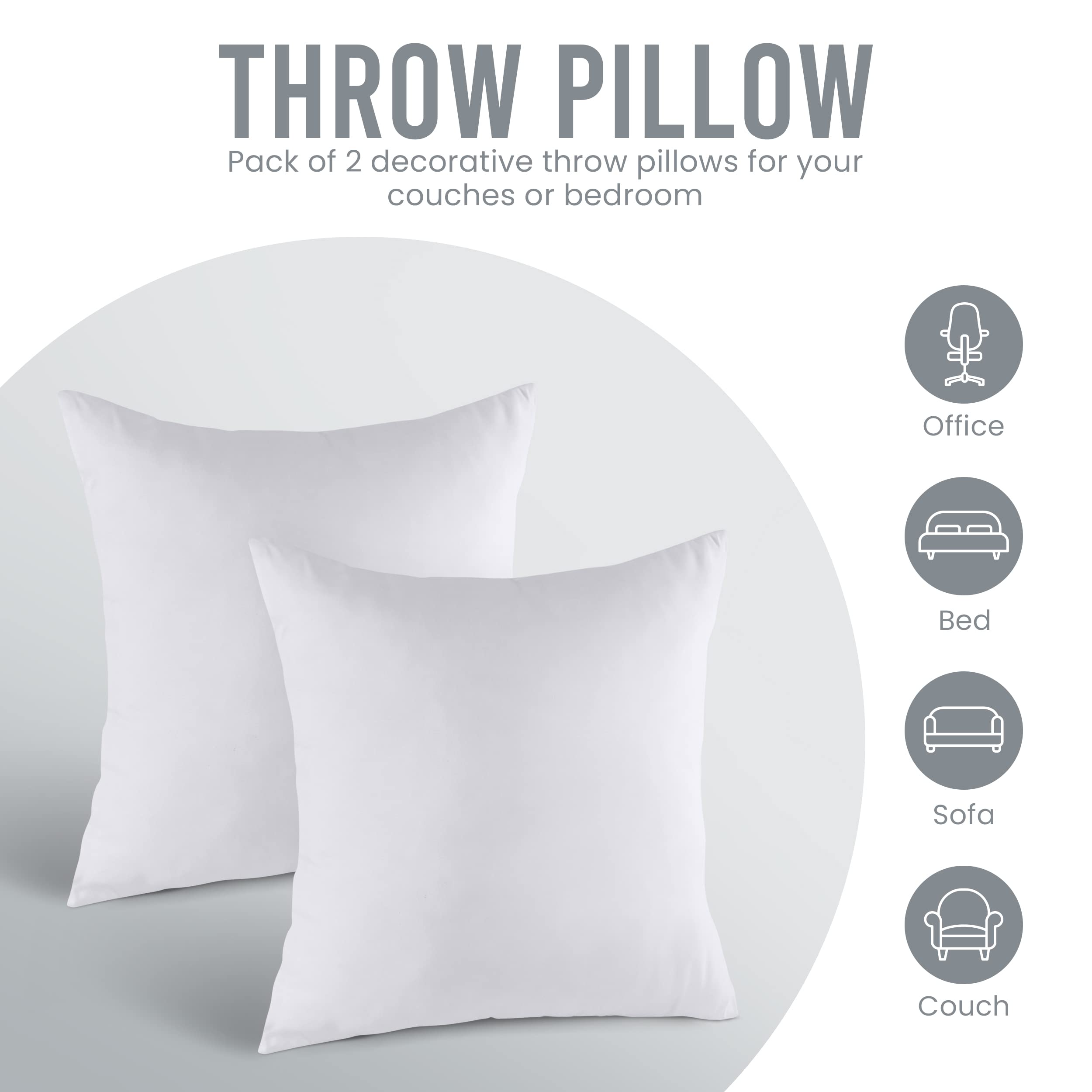 Utopia Bedding Throw Pillows Insert (Pack of 2, White) - 18 x 18 Inches Bed and Couch Pillows - Indoor Decorative Pillows