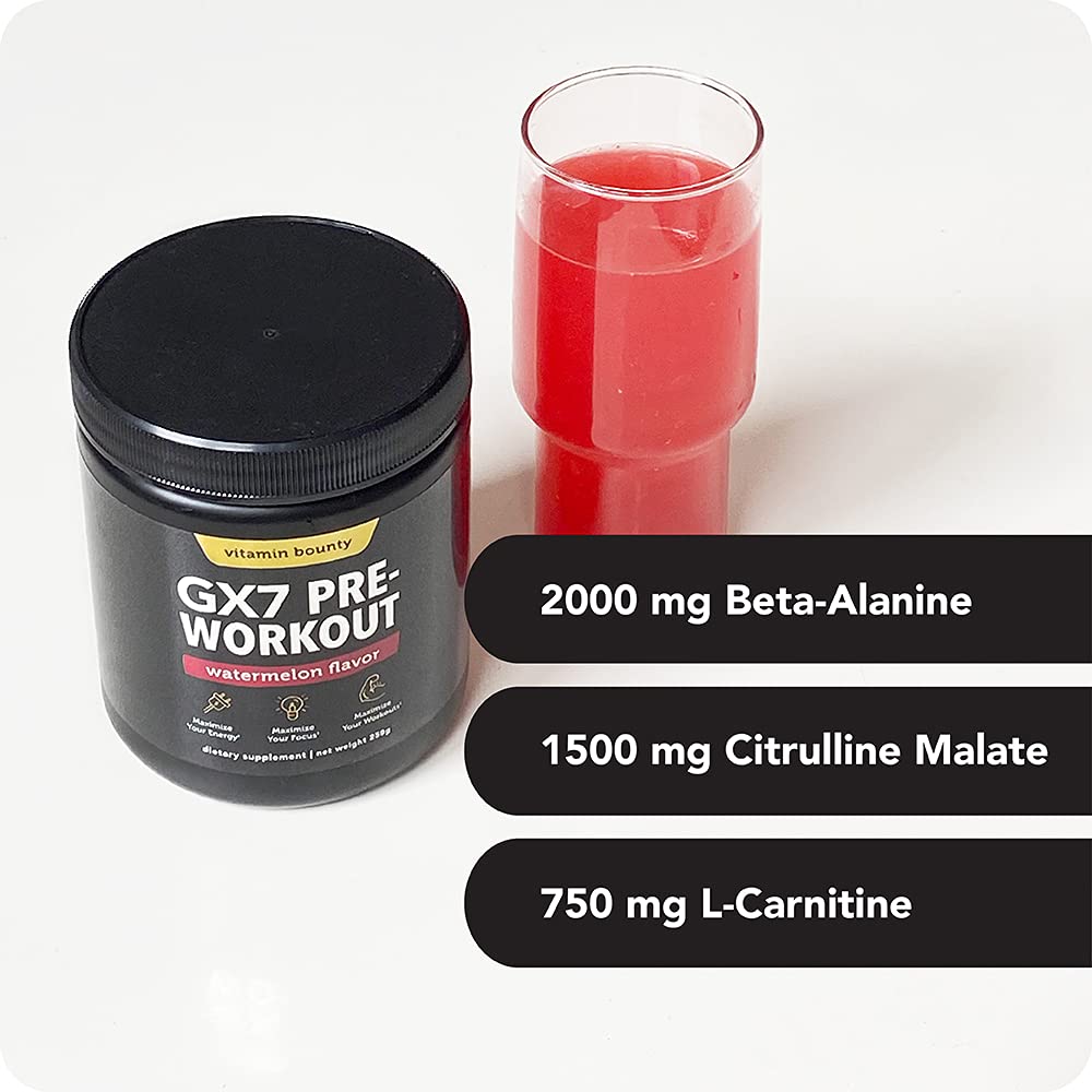 Vitamin Bounty Gx7 Sugar Free Pre Workout Powder, Watermelon - Keto, Energy Supplement with Beta-Alanine, Caffeine, Preworkout for Women and Men, 0g Net Carbs, Non-GMO - 20 Servings