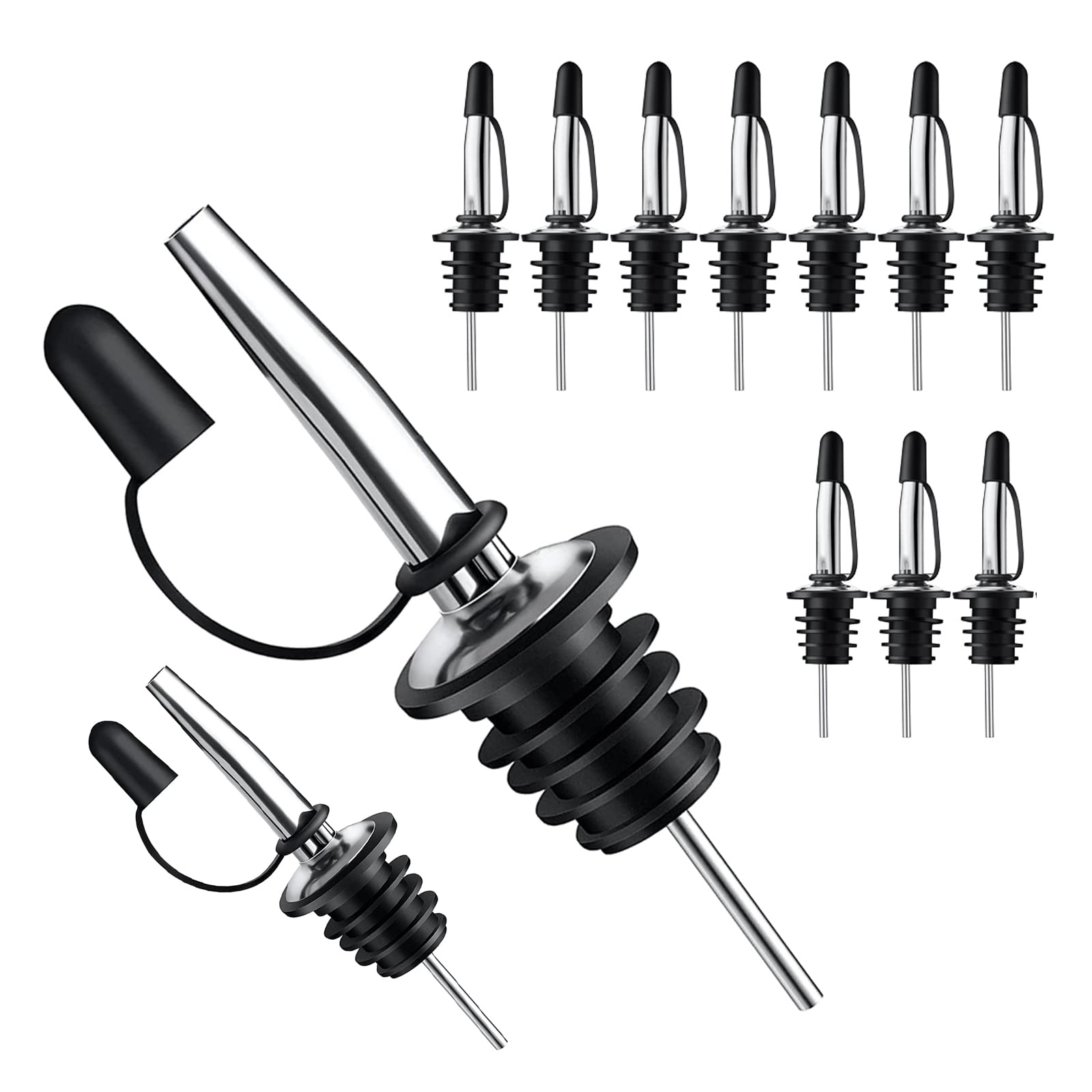 Pafusen 12 Pack Stainless Steel Speed Pourers Spouts with Tapered, Liquor Pourers with Rubber Cap, Hygienic, Dishwasher Safe, Fits most Classic Bottle's Lip up to 3/4" (12)