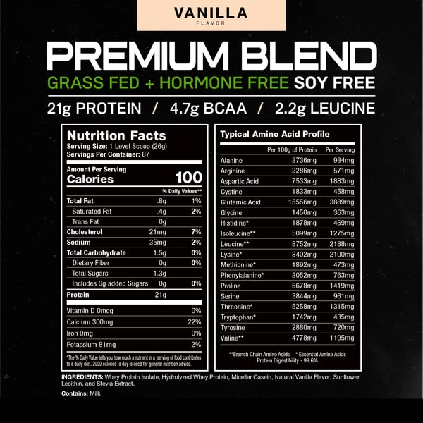 MUSCLE FEAST Grass Fed Premium Blend Whey Protein, Hydrolyzed Whey, Isolate, Micellar Casein, Kosher Certified, 21g Protein, 100 Calories (Vanilla, 5lb)