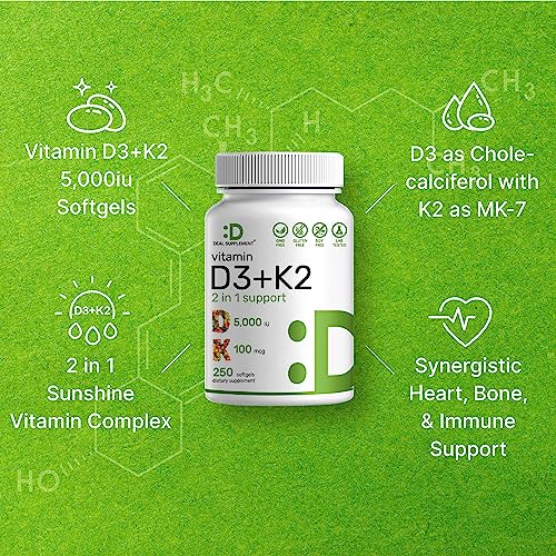 DEAL SUPPLEMENT Vitamin D3 K2 Softgel, 250 Count, 2-1 Complex, Vitamin D3 5000 IU & Vitamin K2 MK7, Promotes Heart, Bone & Teeth Health – Very Easy to Swallow