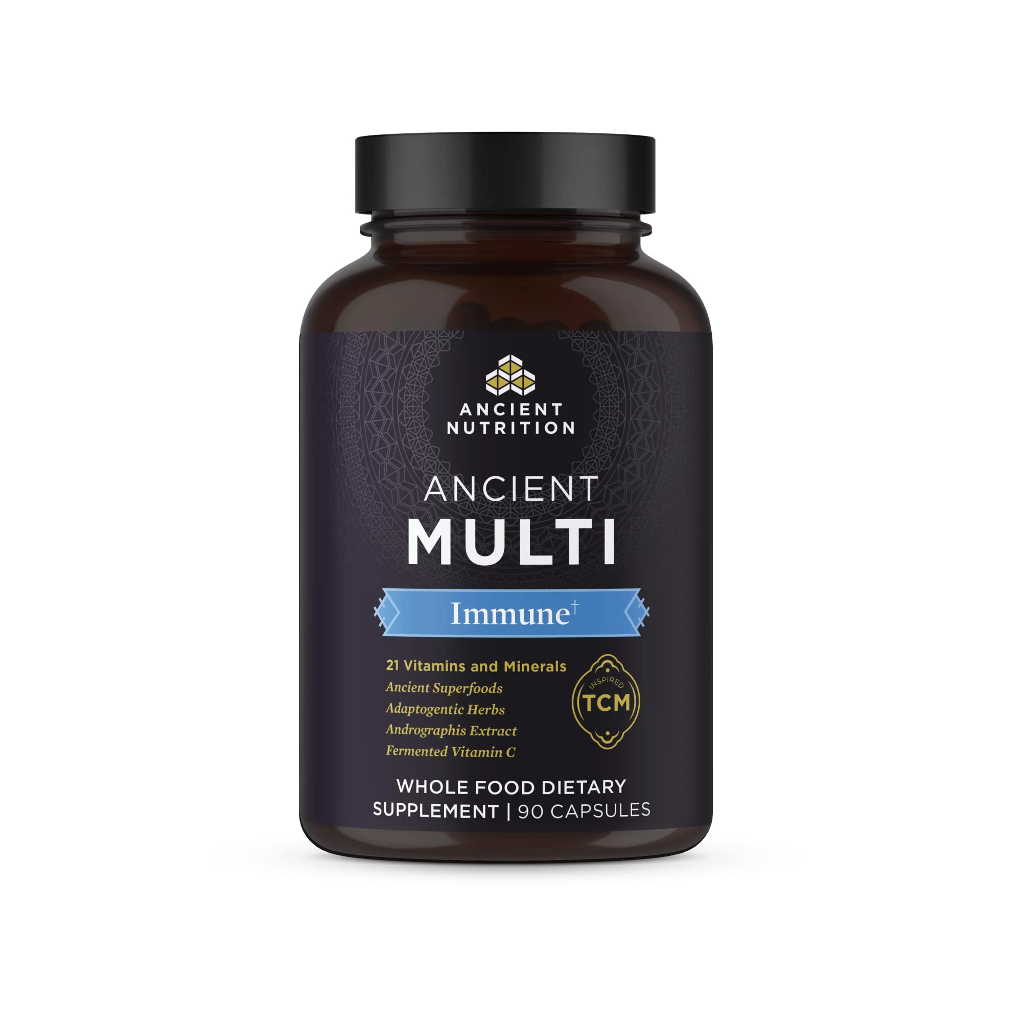 Multivitamin for Immune Support by Ancient Nutrition, Immune, 21 Vitamins and Minerals with Vitamin D & C, Turmeric, Supports Immunity, Stress Relief and Heart Health, Keto Friendly, 90 Capsules