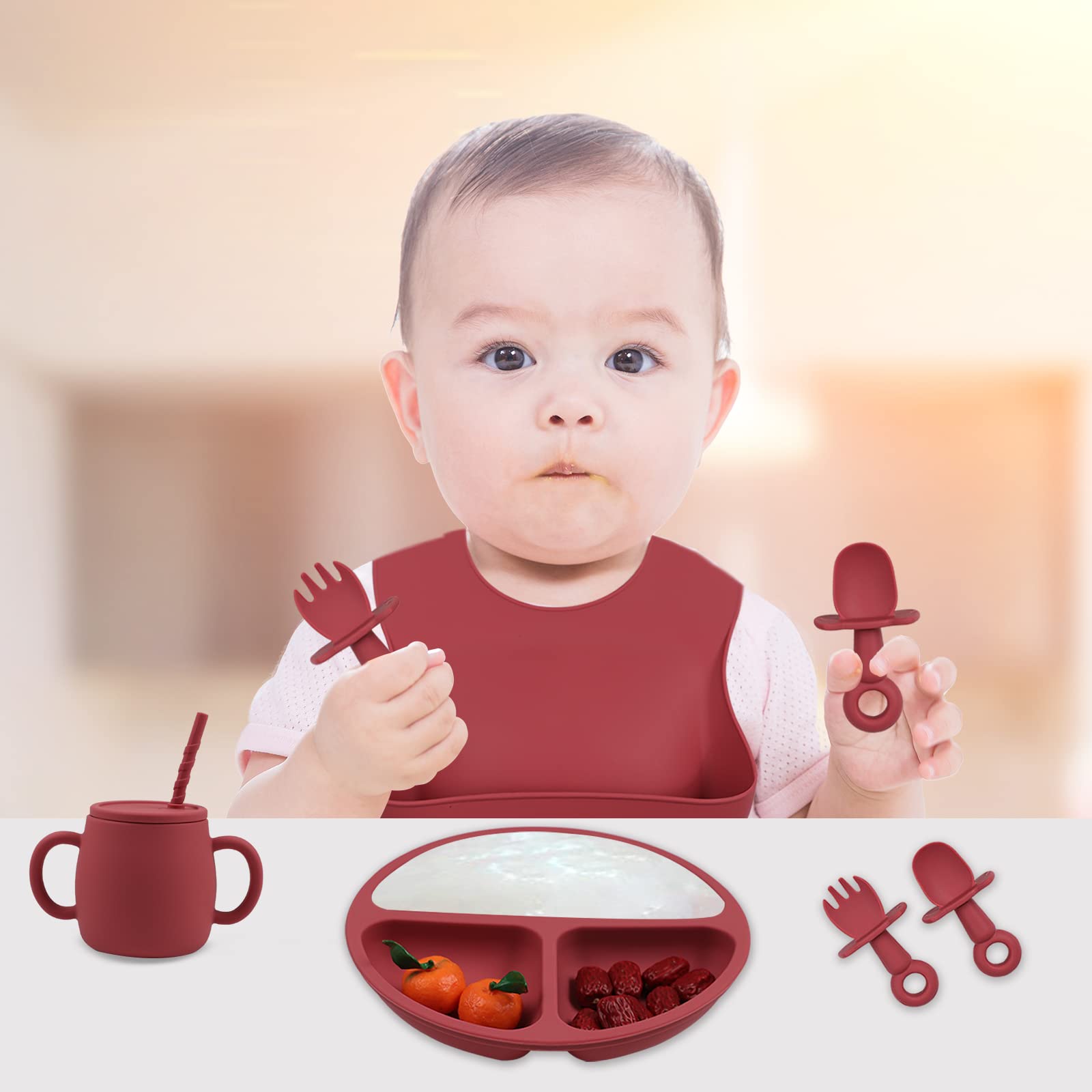 Baby Feeding Supplies - Led Weaning Silicone Baby Feeding Set, Baby Plates with Suction, Toddler Sippy Cups, First Stage Self Feeding Utensils Dishes Set with Bibs, Baby Spoons and Forks, 9 Pieces