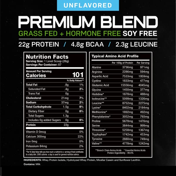 Muscle Feast Premium Grass Fed Whey Protein Powder Blend | 100% All Natural, Hormone Free, Vegetarian Protein | Whey Isolate, Hydrolyzed Protein, Micellar Casein | 22g Protein, 101 Calories | Unflavored 5lb | 87 Servings