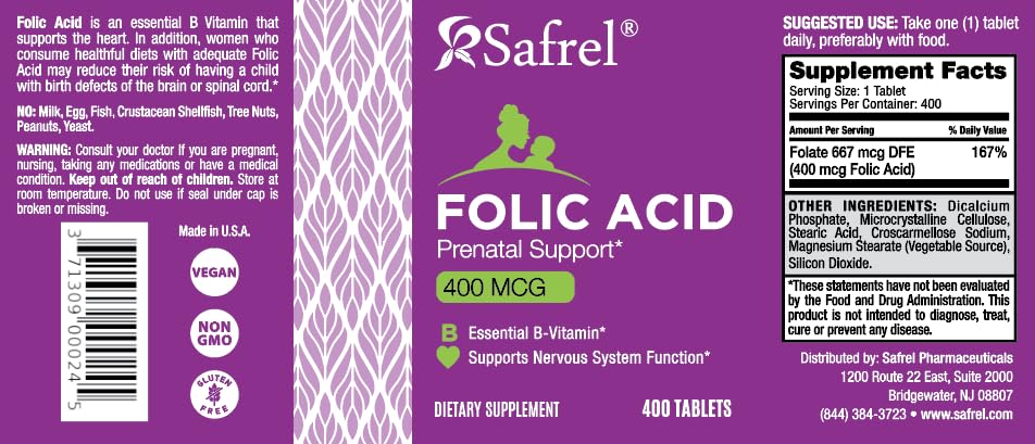 Safrel Folic Acid 400 mcg - Vitamin B9-400 Tablets, Essential Prenatal and Postnatal Vitamin for Fetal Development, Red Blood Cell Production, Cell and Neural Development | Non-GMO, Vegan