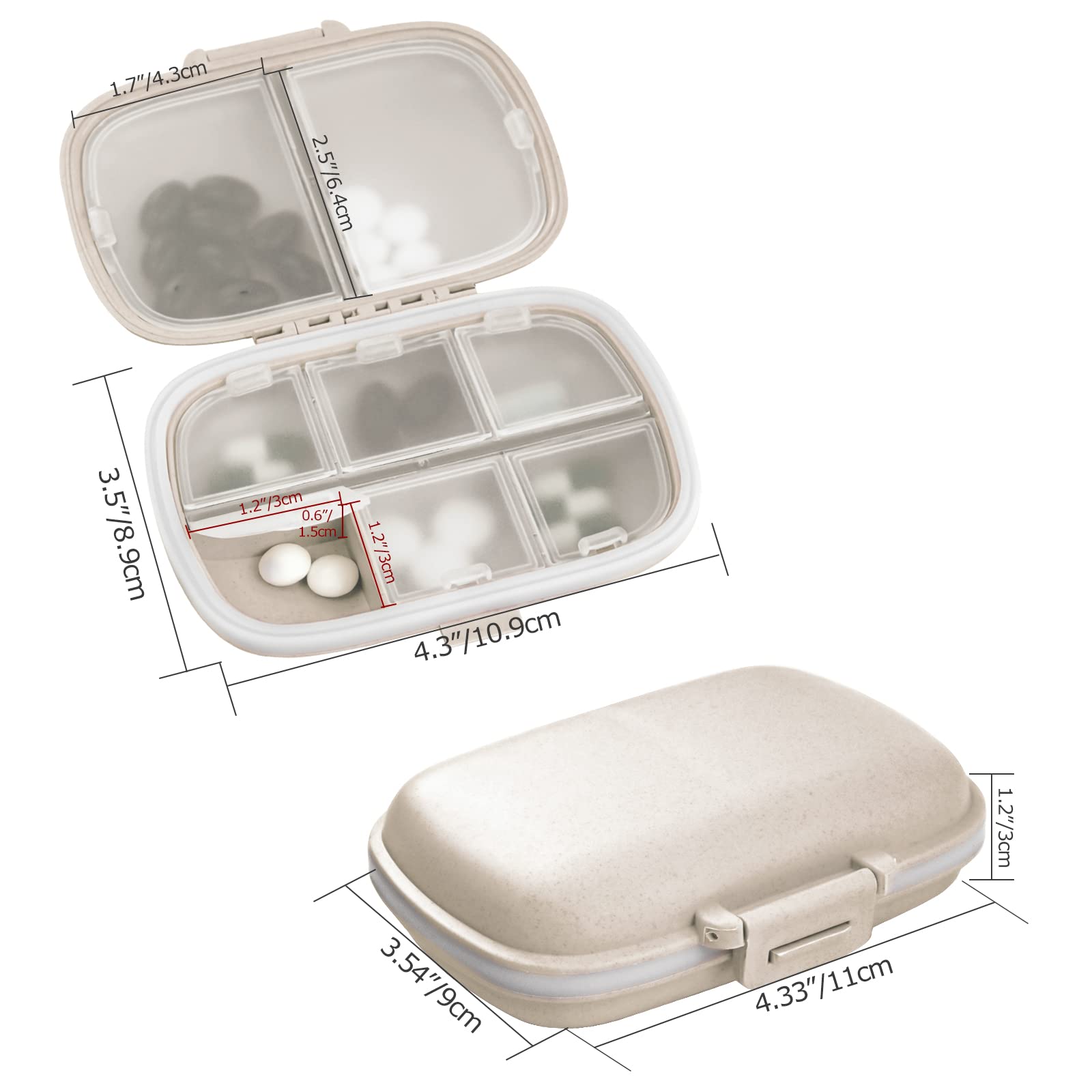 1Pack Travel Pill Organizer, 8 Compartments Portable Pill Case, Small Pill Box for Pocket Purse Portable Medicine Vitamin Container Beige