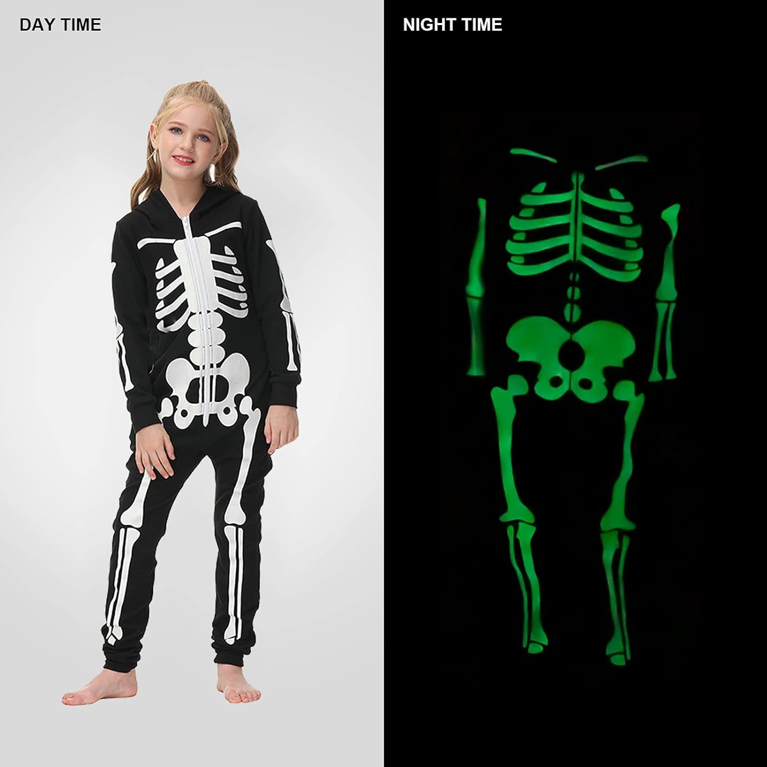 Jobakids Unisex Kids Halloween Costume Skeleton with Glow Hoodie Onesie Kids Small 6-8 Years