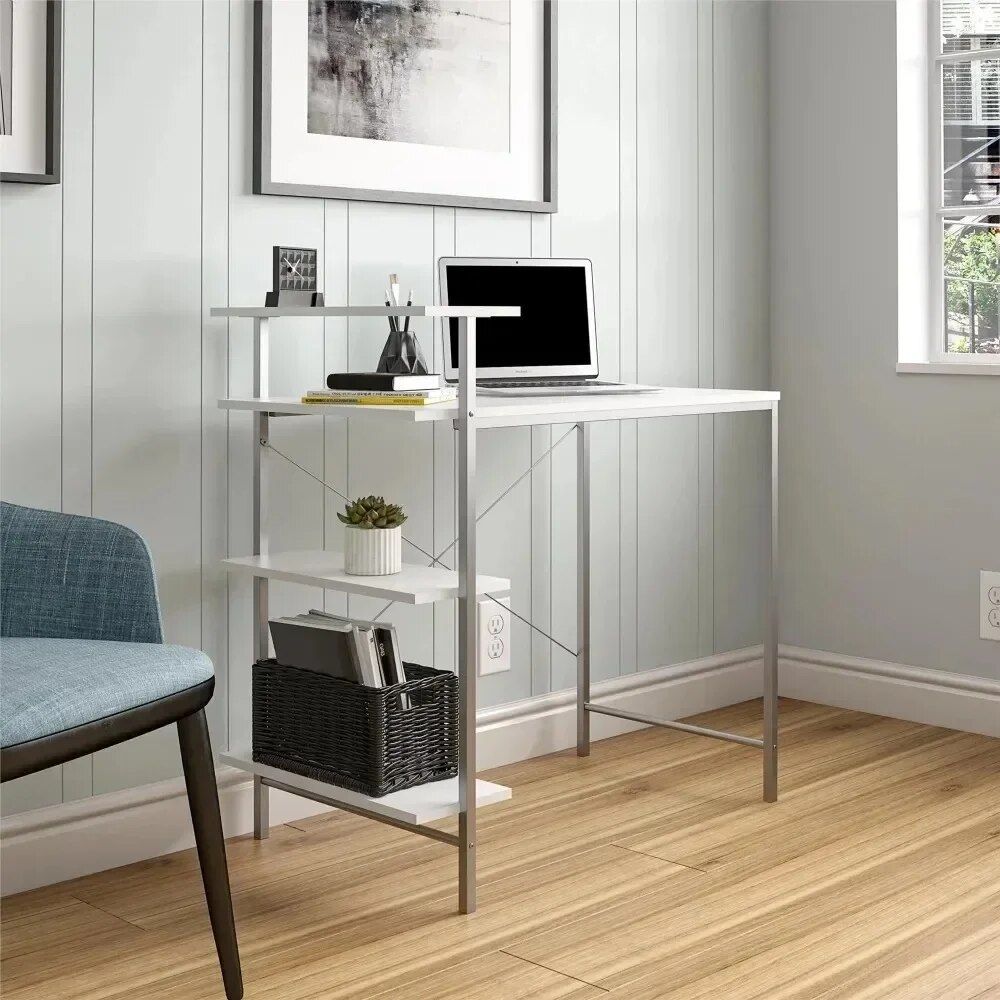 Compact White Student Desk with Side Storage