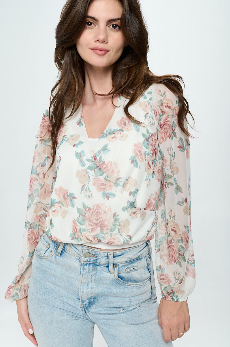 Floral mesh surplice blouse