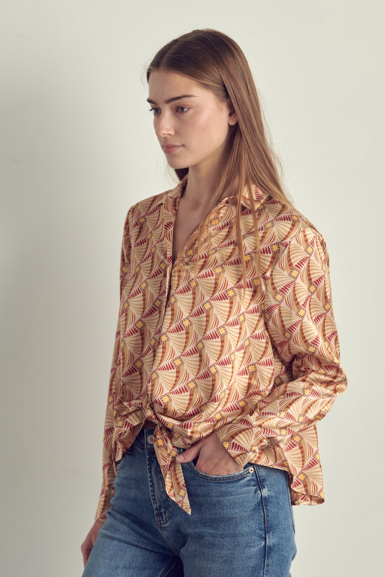 Collared button front satin long sleeve