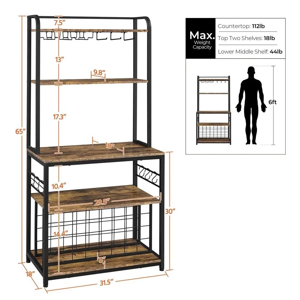 Rustic Brown 65" Wine Bakers Rack with Glass and Wine Storage for Home Bar