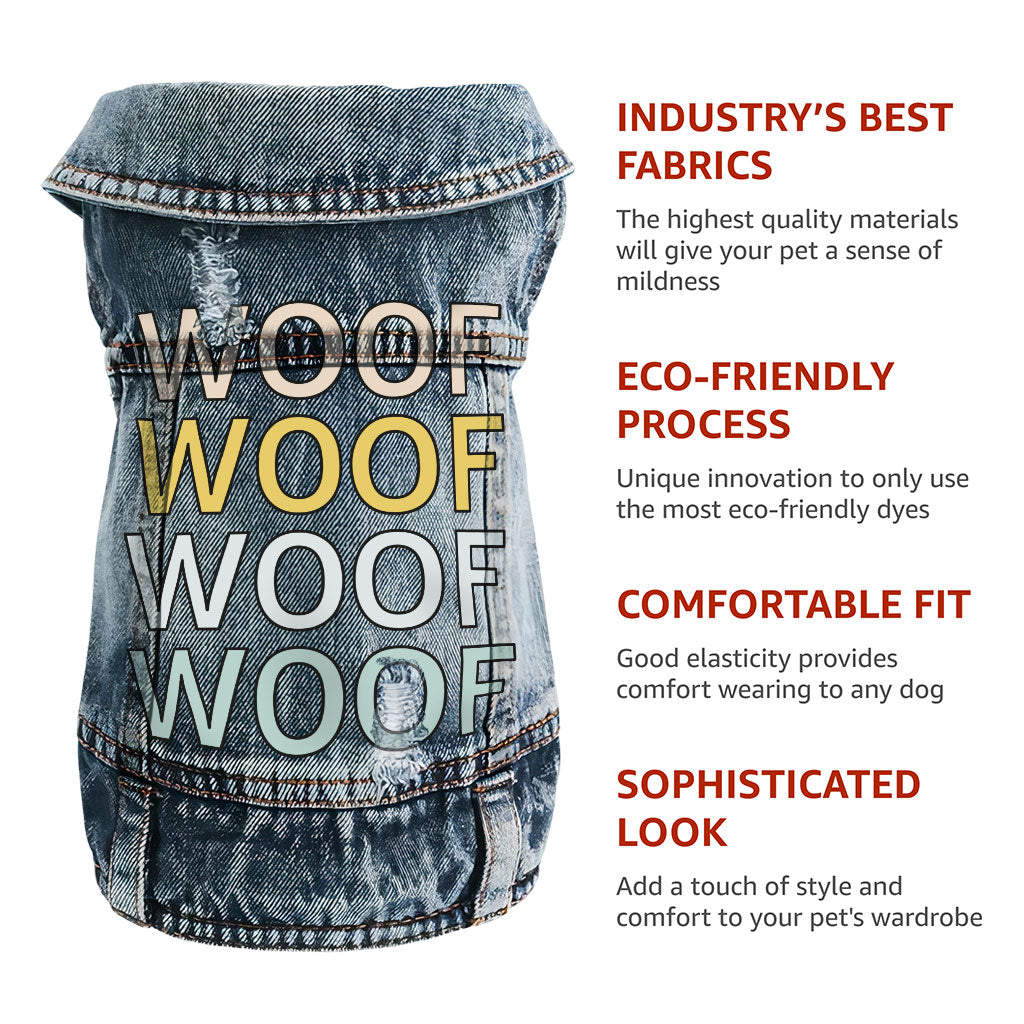 Woof Dog Denim Vest - Word Art Dog Denim Jacket - Beautiful Dog Clothing