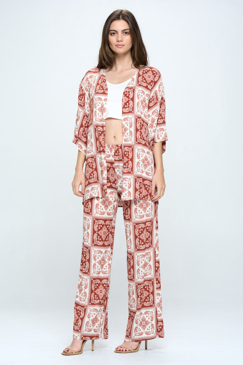 Boho check print 3/4 sleeve loose fit kimono and palazzo set