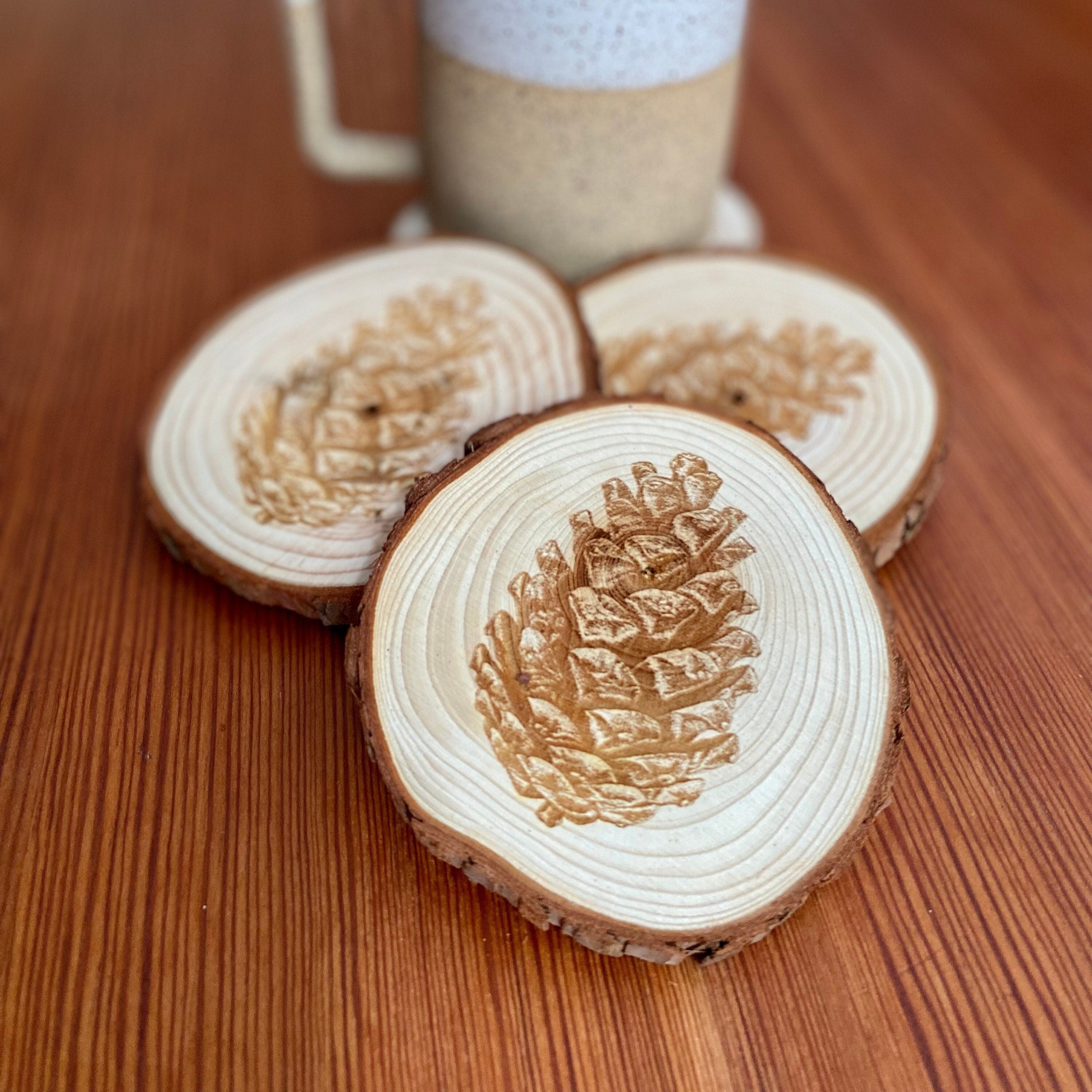 Pine Cone Engraved Wood Coaster Set