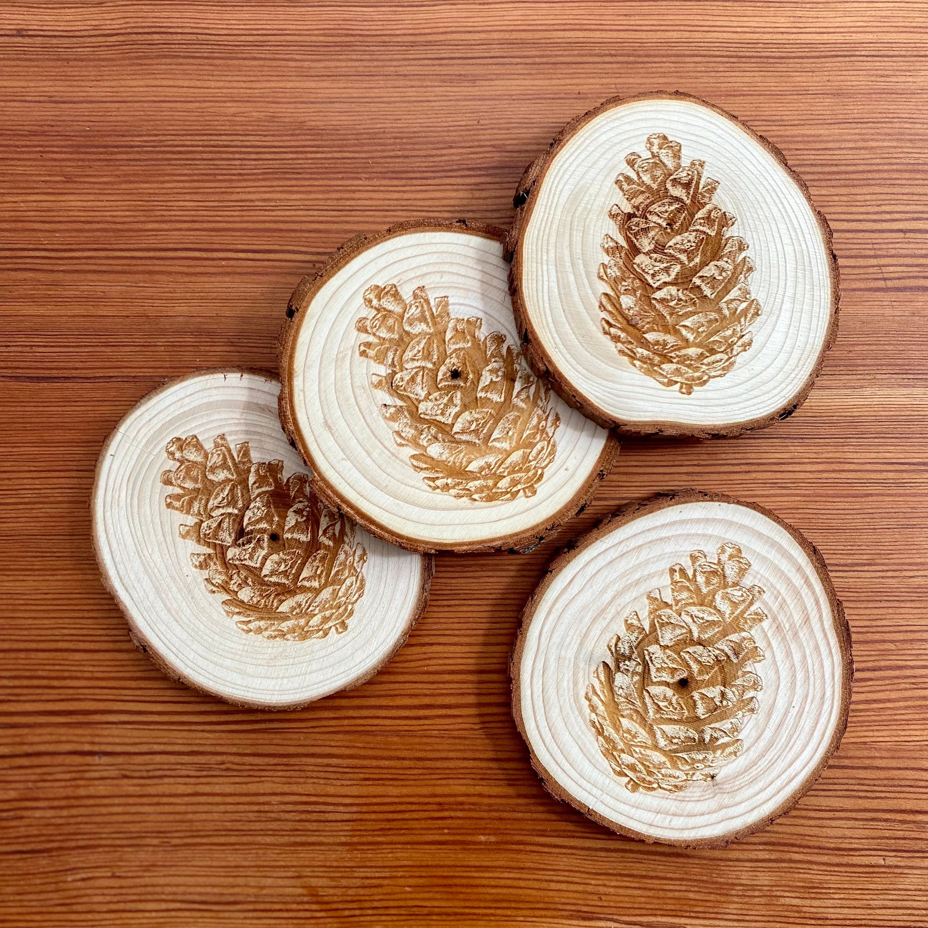 Pine Cone Engraved Wood Coaster Set